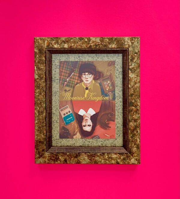 framed moonrise kingdom print outer size 24cm by 29cm. unusual mottled gold mount and frame.